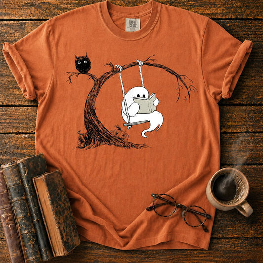Cute Ghost Swinging Reading Book T-Shirt