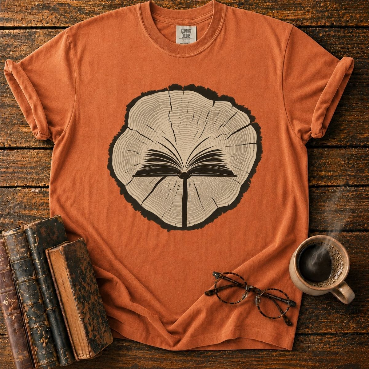 Open Book in a Wood Slice T-Shirt