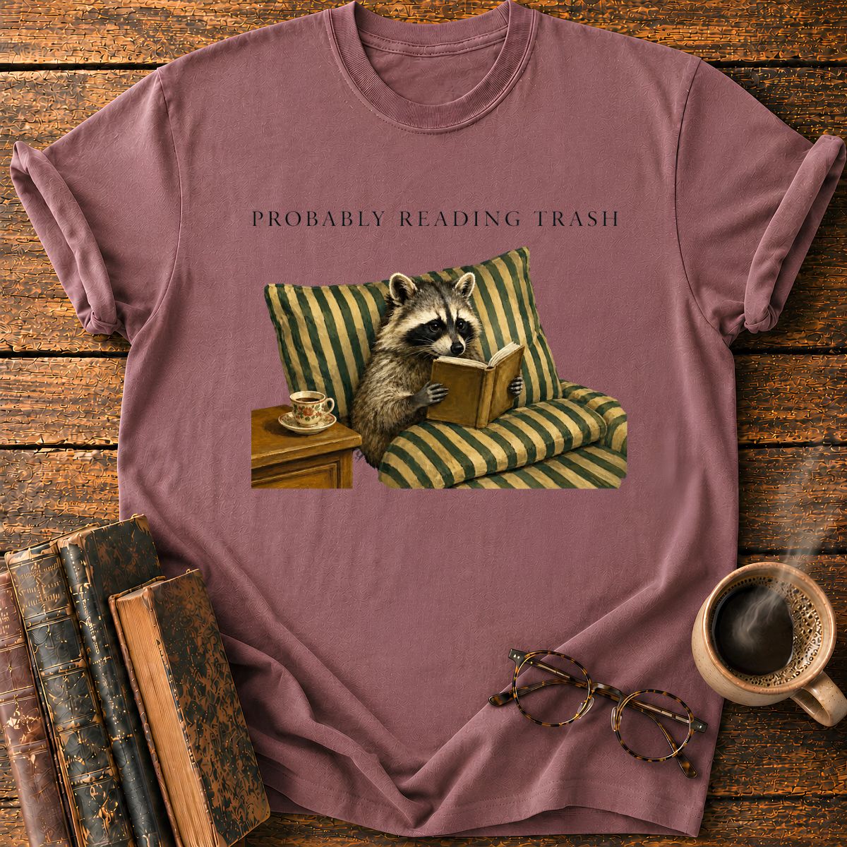 Raccoon Reading in Striped Comfort T-Shirt