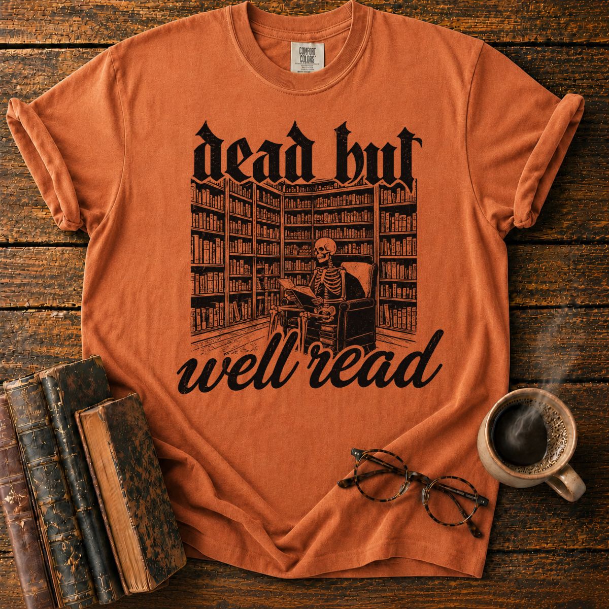 Dead But Well Read Skeleton Library T-Shirt