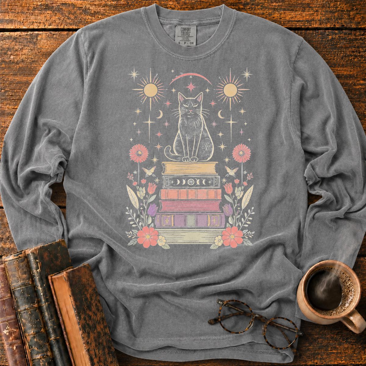 Celestial Black Cat Book Stack LS T-Shirt