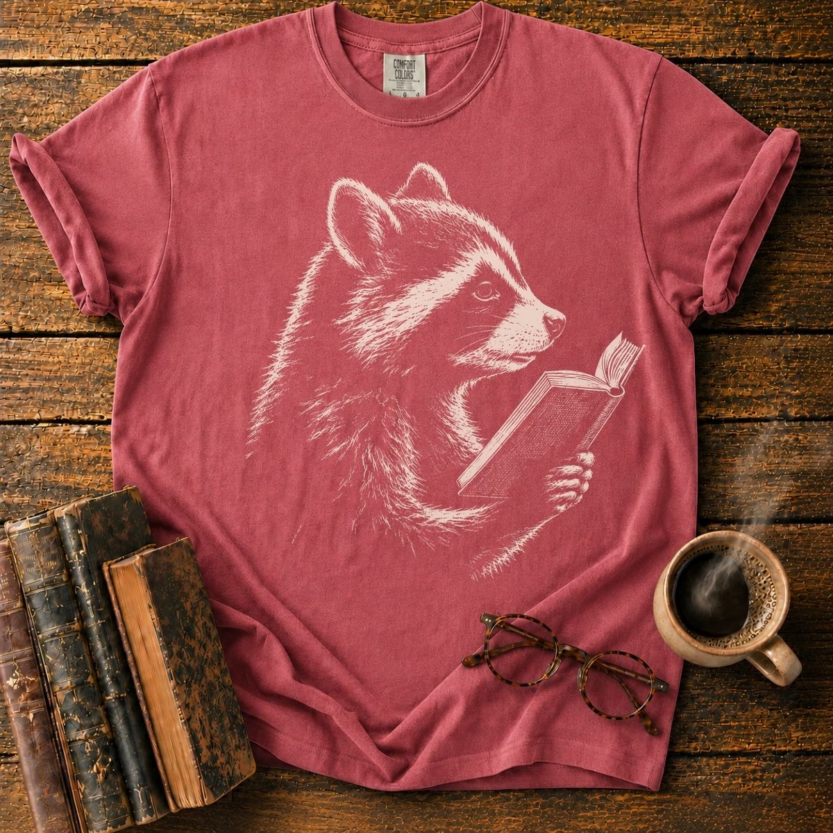 Vintage Engraved Raccoon Reading T-Shirt