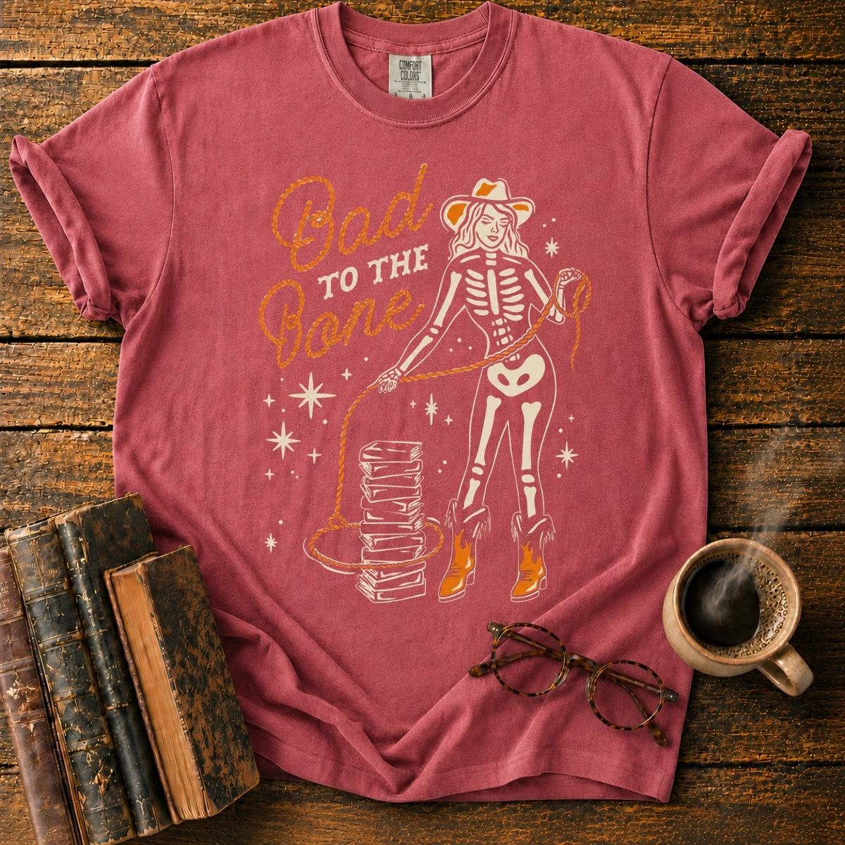 Retro Skeleton Cowgirl and Books T-Shirt