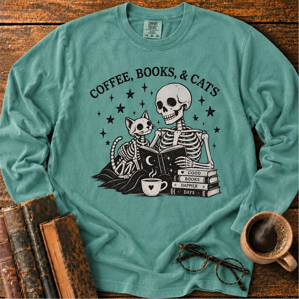 Coffee Books Cats LS T-Shirt