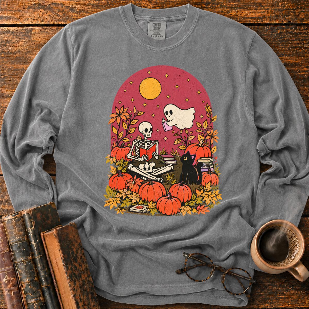 Skeleton Ghost Reading LS T-Shirt