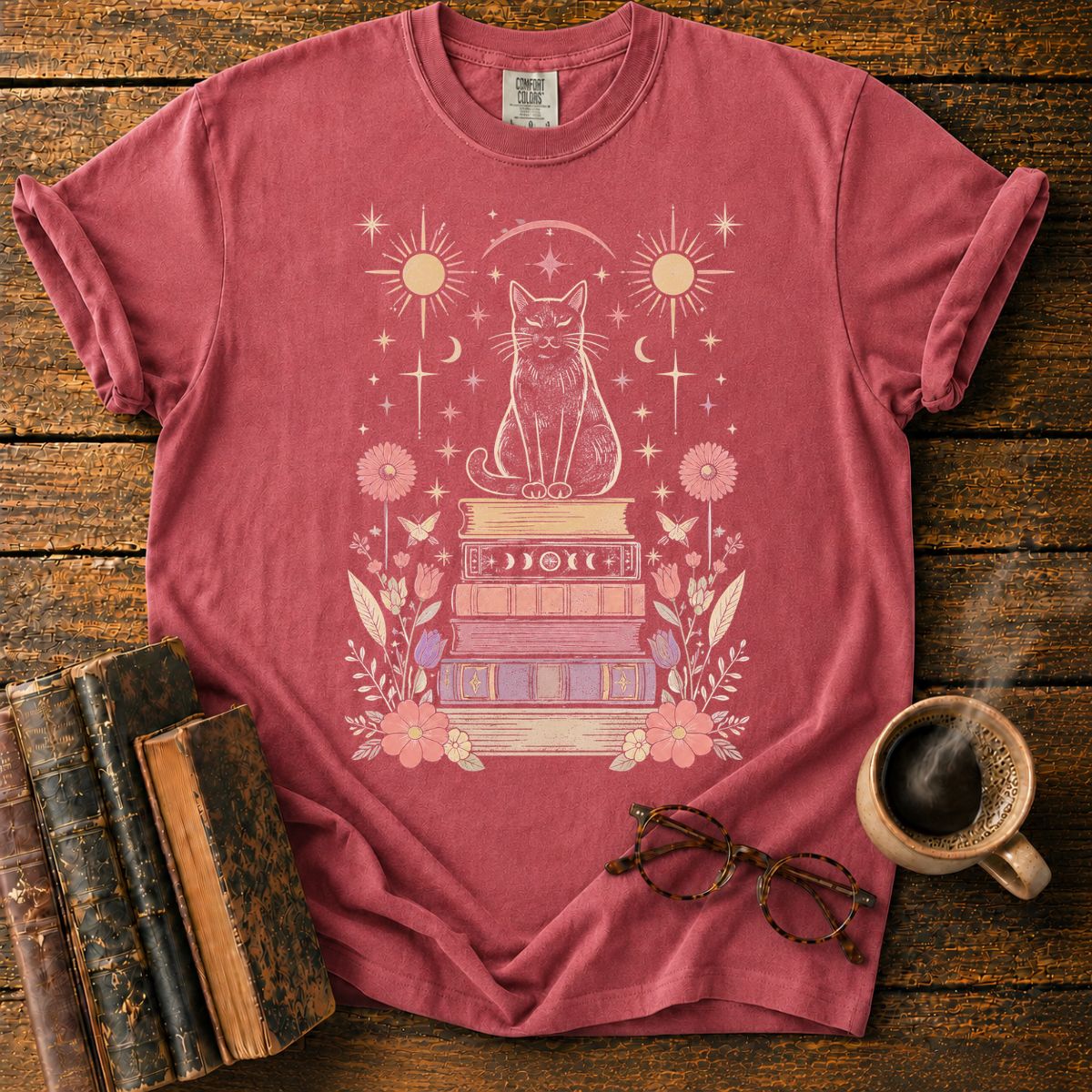 Celestial Black Cat Book Stack T-Shirt