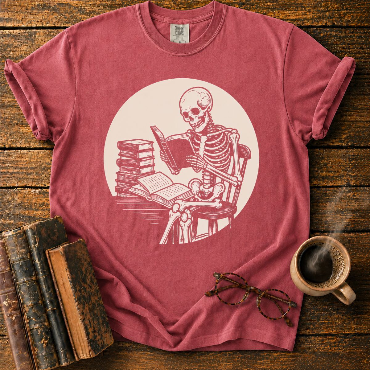 Skeleton Reading Under Moonlight T-Shirt