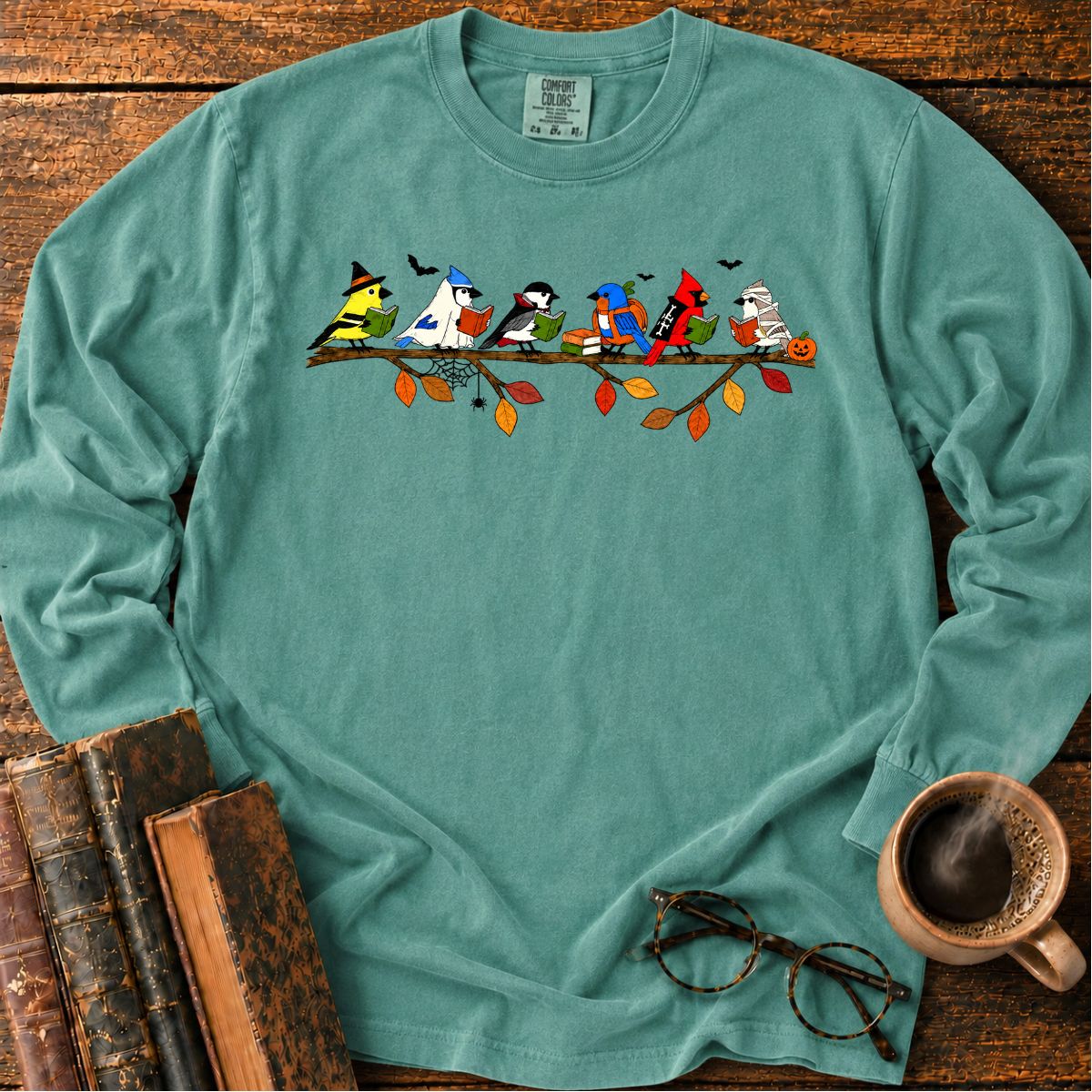 Halloween Birds Reading LS T-Shirt