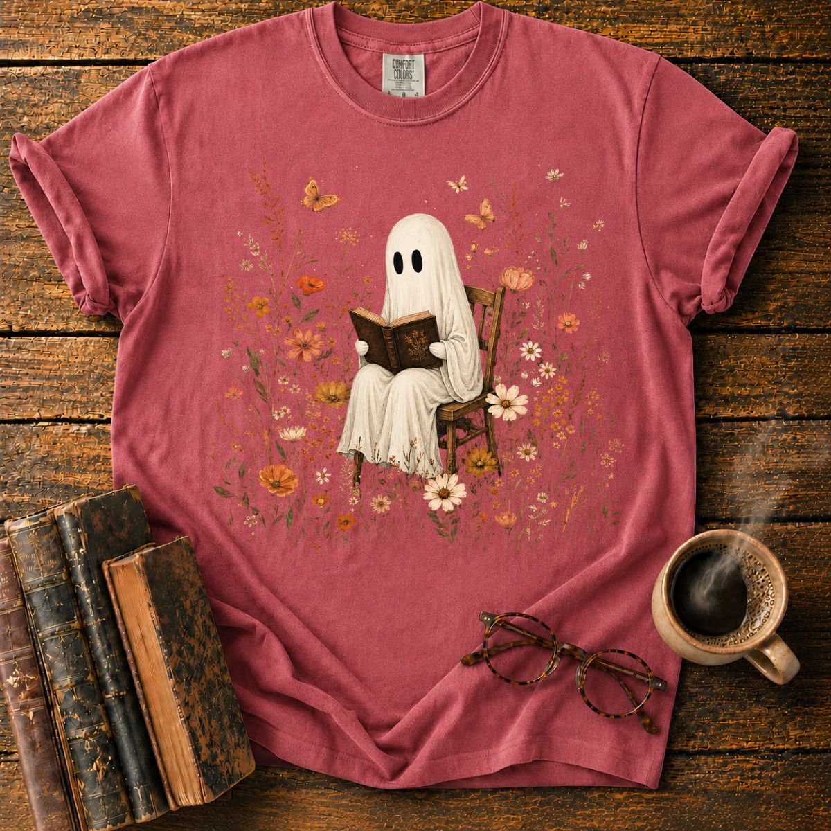 Ghost Reading in a Wildflower T-Shirt