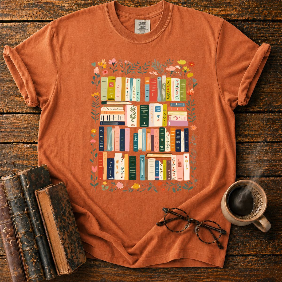 Floral Wreath Around Bookshelves T-Shirt