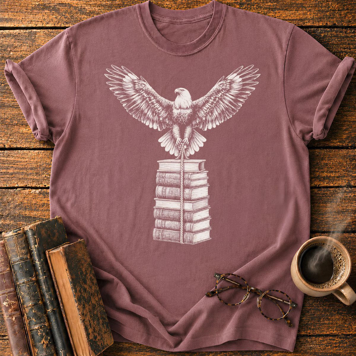 Engraved Eagle Over Bound Books T-Shirt