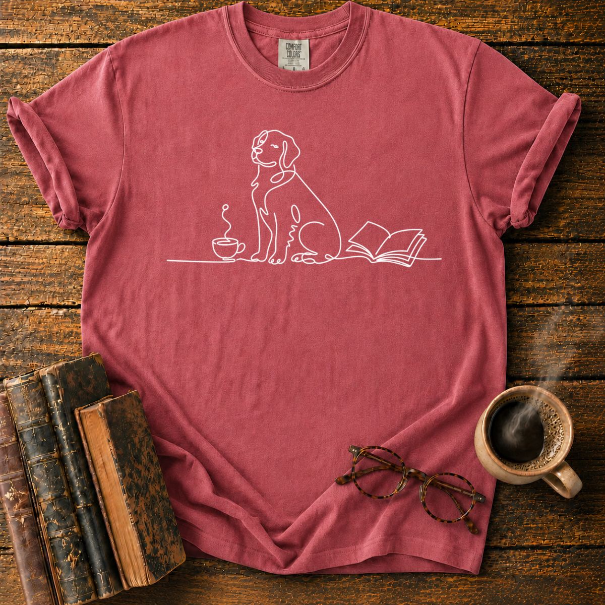 Minimalist Dog with Cup and Book T-Shirt