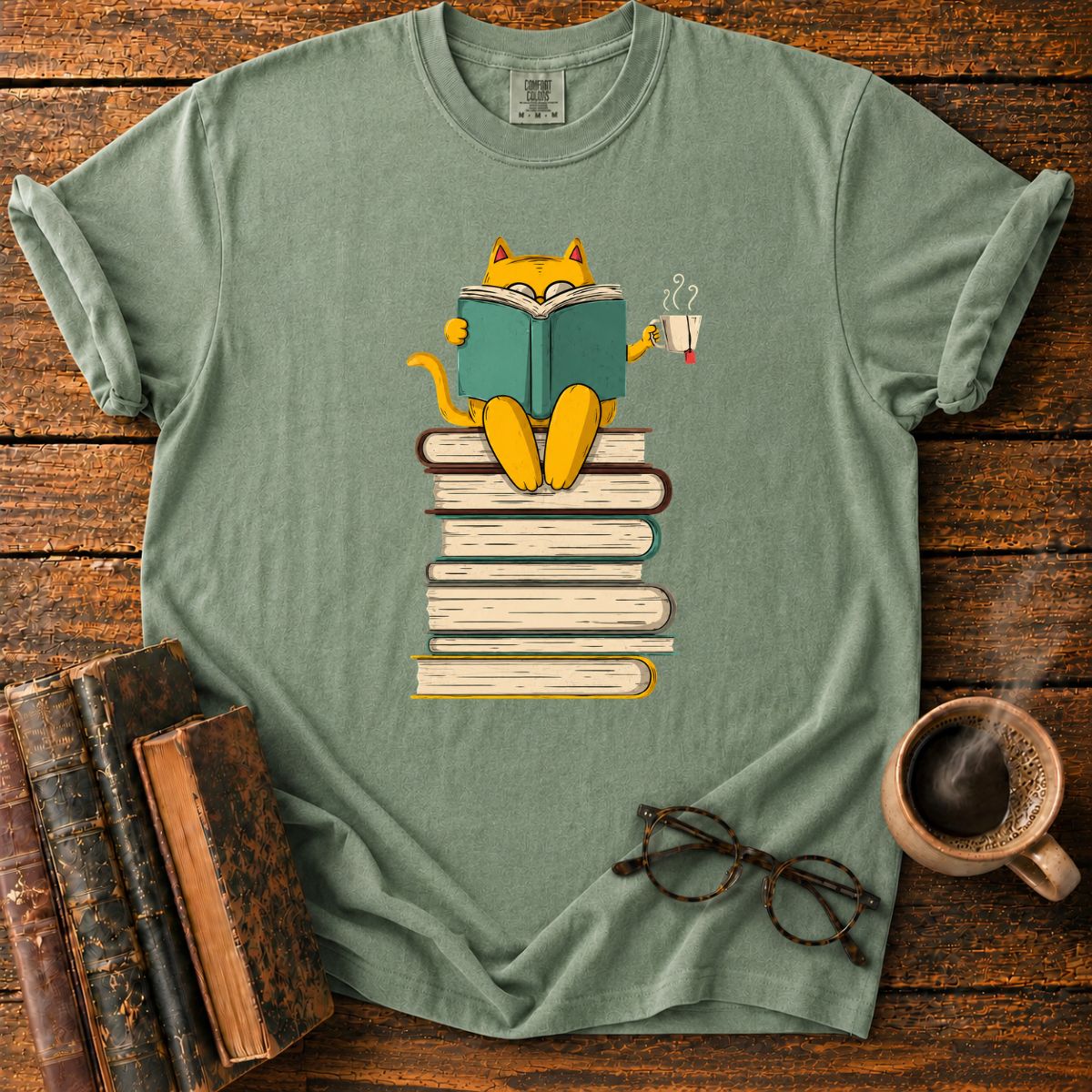 Cat Reading Atop a Tower of Books T-Shirt