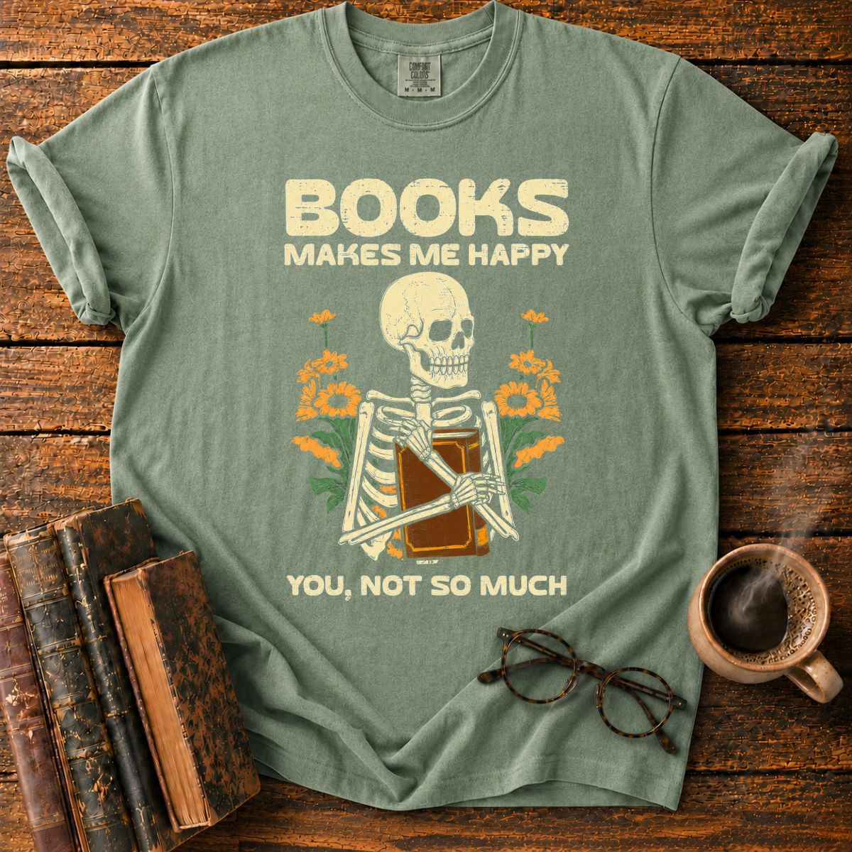 Books Make Me Happy Skeleton Floral T-Shirt