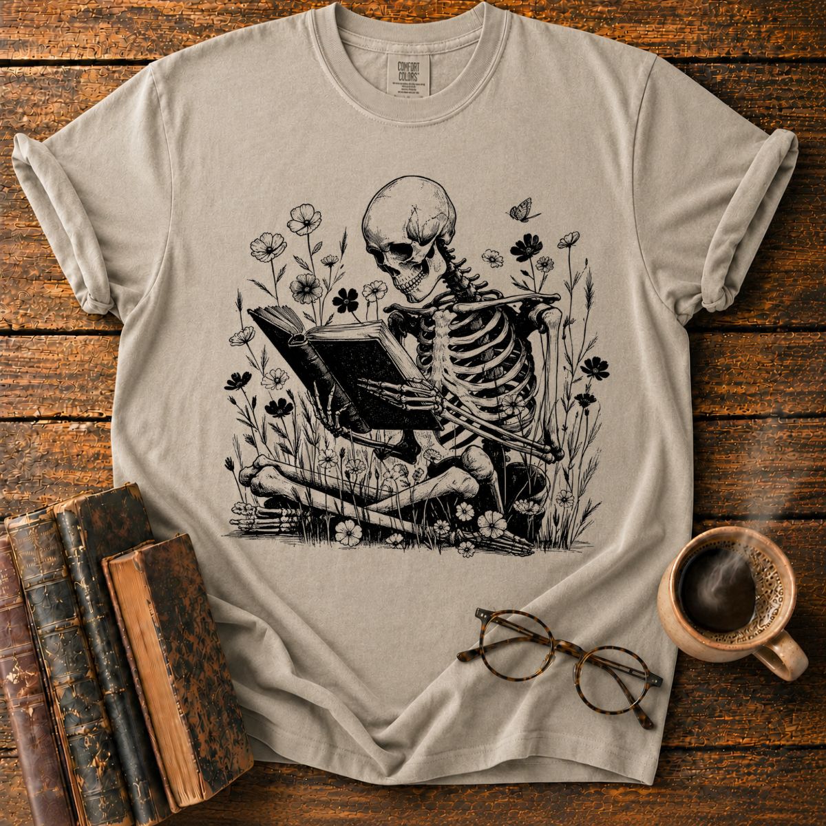 Skeletal Reader in a Wildflower Meadow T-Shirt
