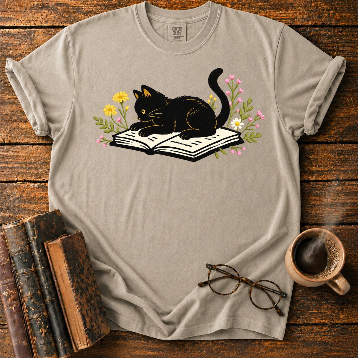Cat Reading Among Flowers T-Shirt