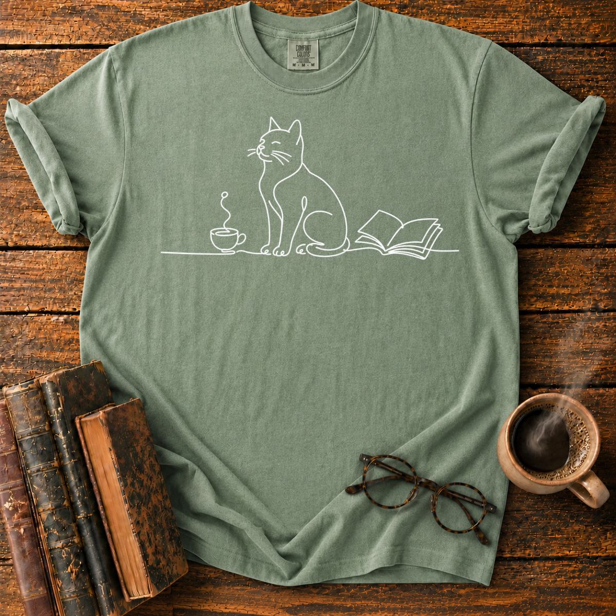 Minimalist Cat, Cup, and Book T-Shirt