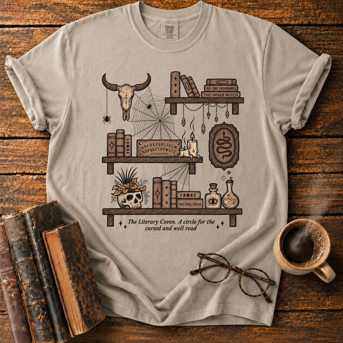 The Literary Coven Witchy Bookshelf T-Shirt