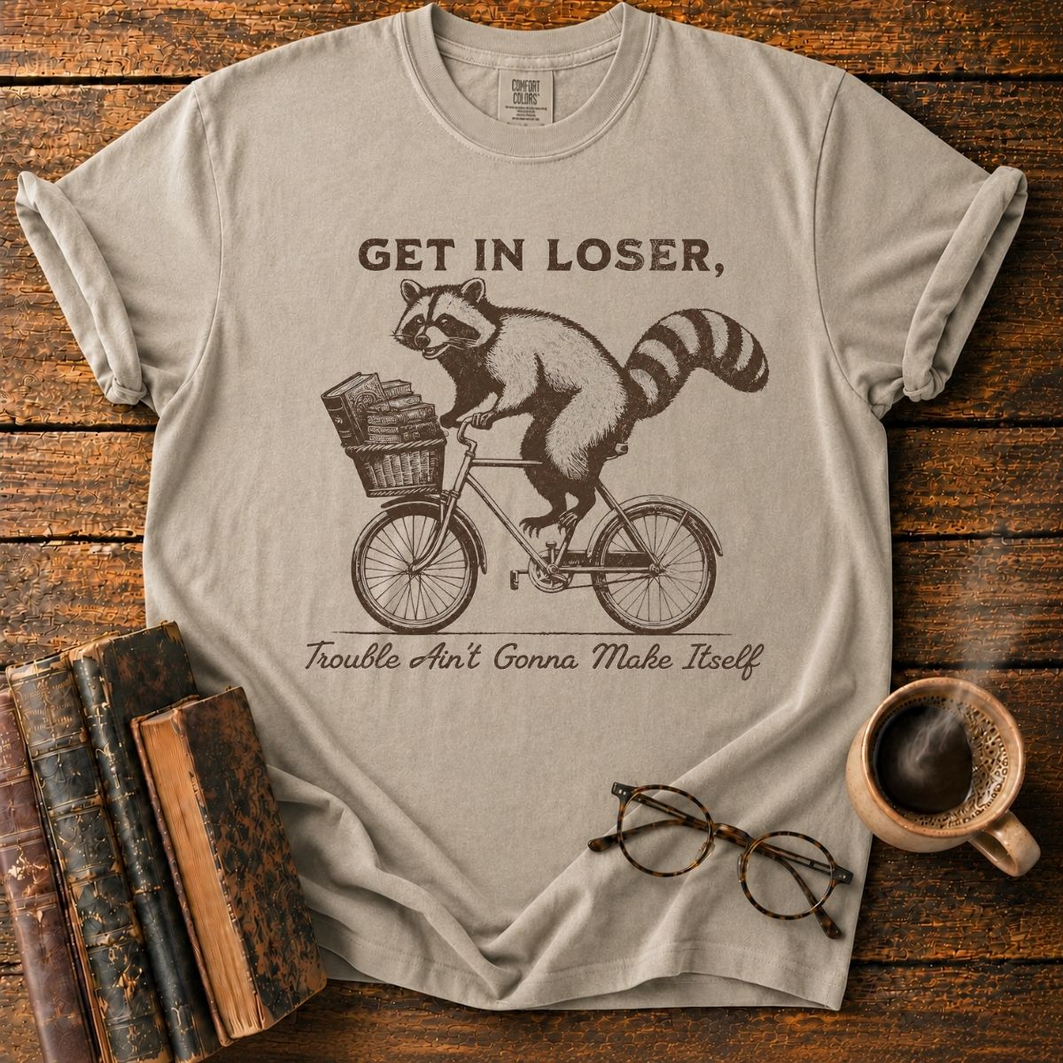 Raccoon’s Vintage Book Bike Ride T-Shirt