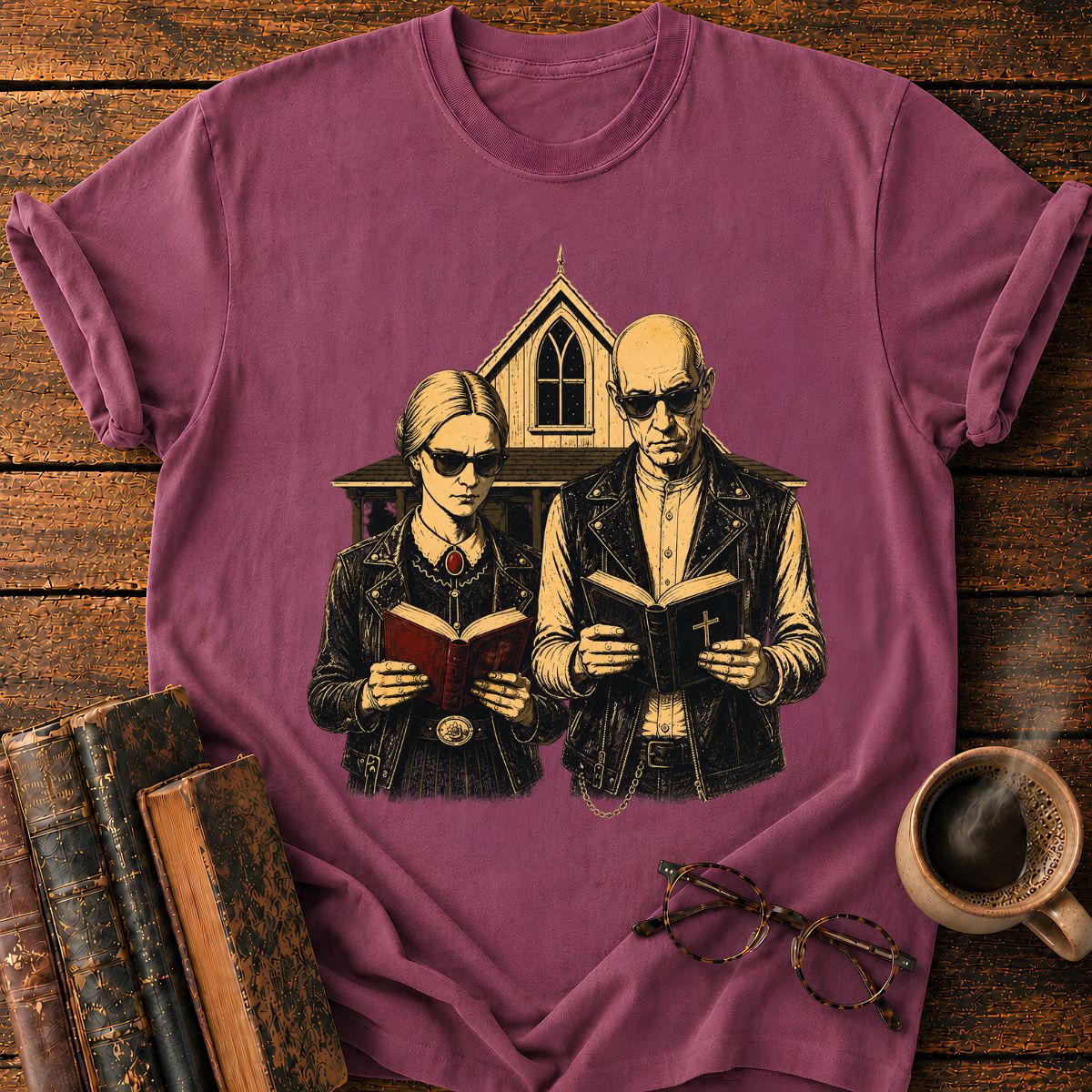 Gothic Couple Reading at the Chapel T-Shirt