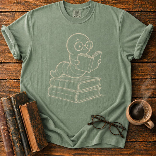 Bookish Worm on Stacked Books T-Shirt