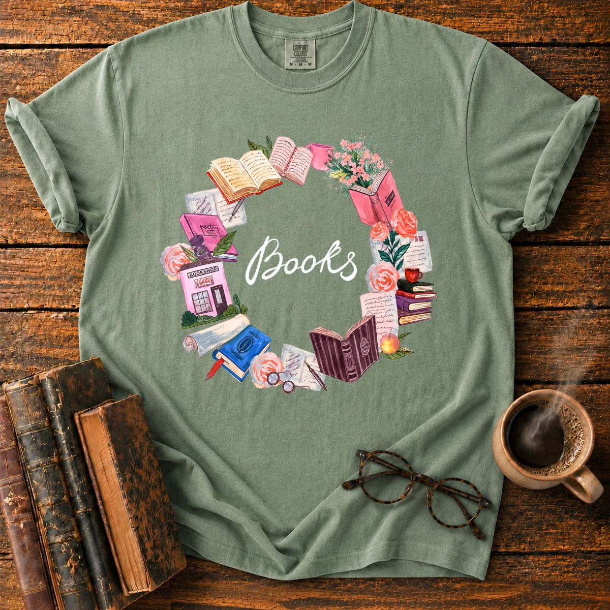Pastel Books and Blooms Wreath T-Shirt