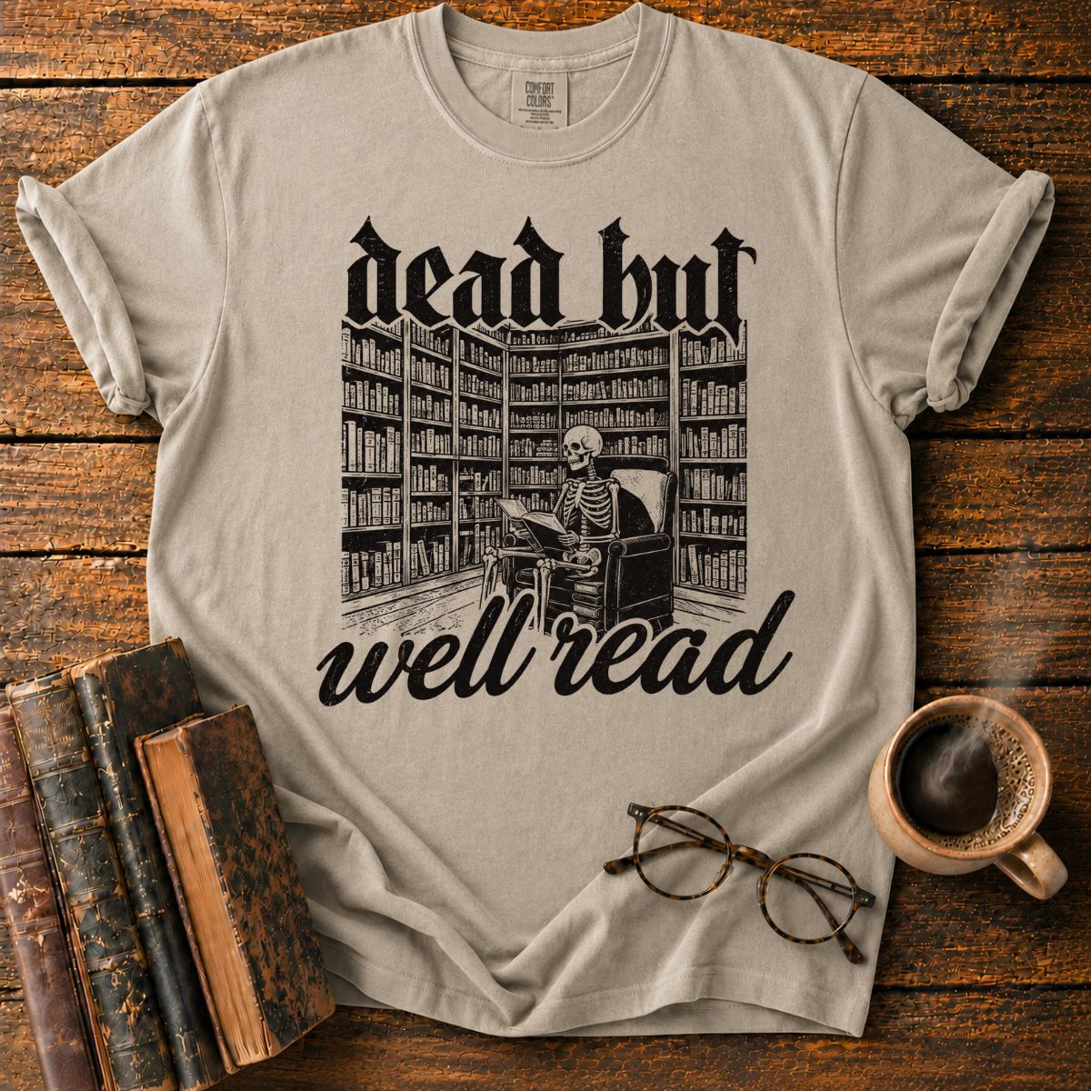 Dead But Well Read Skeleton Library T-Shirt