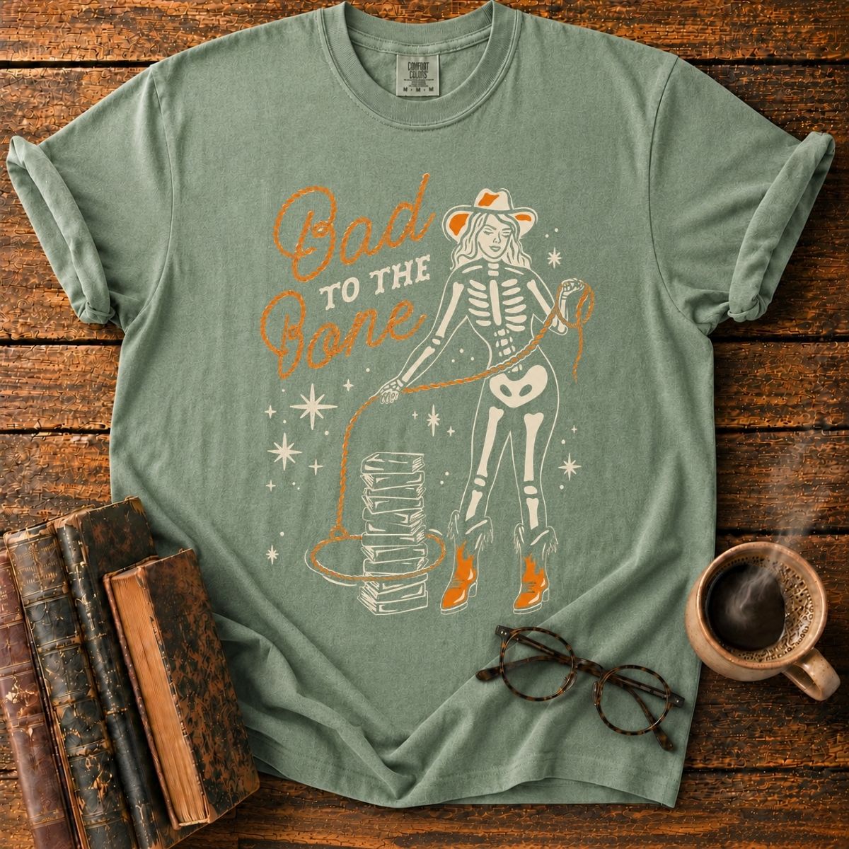 Retro Skeleton Cowgirl and Books T-Shirt