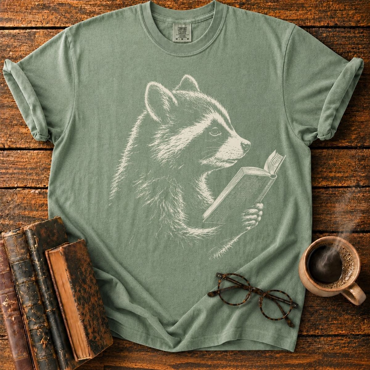 Vintage Engraved Raccoon Reading T-Shirt