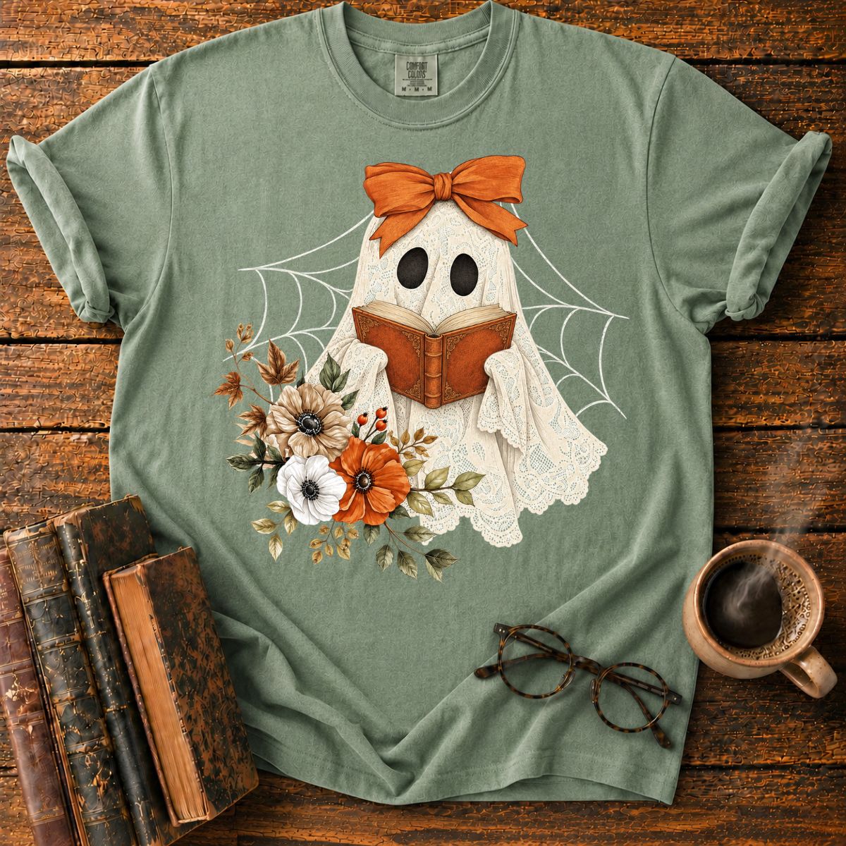 Lace Ghost Reads Among Autumn Flowers T-Shirt