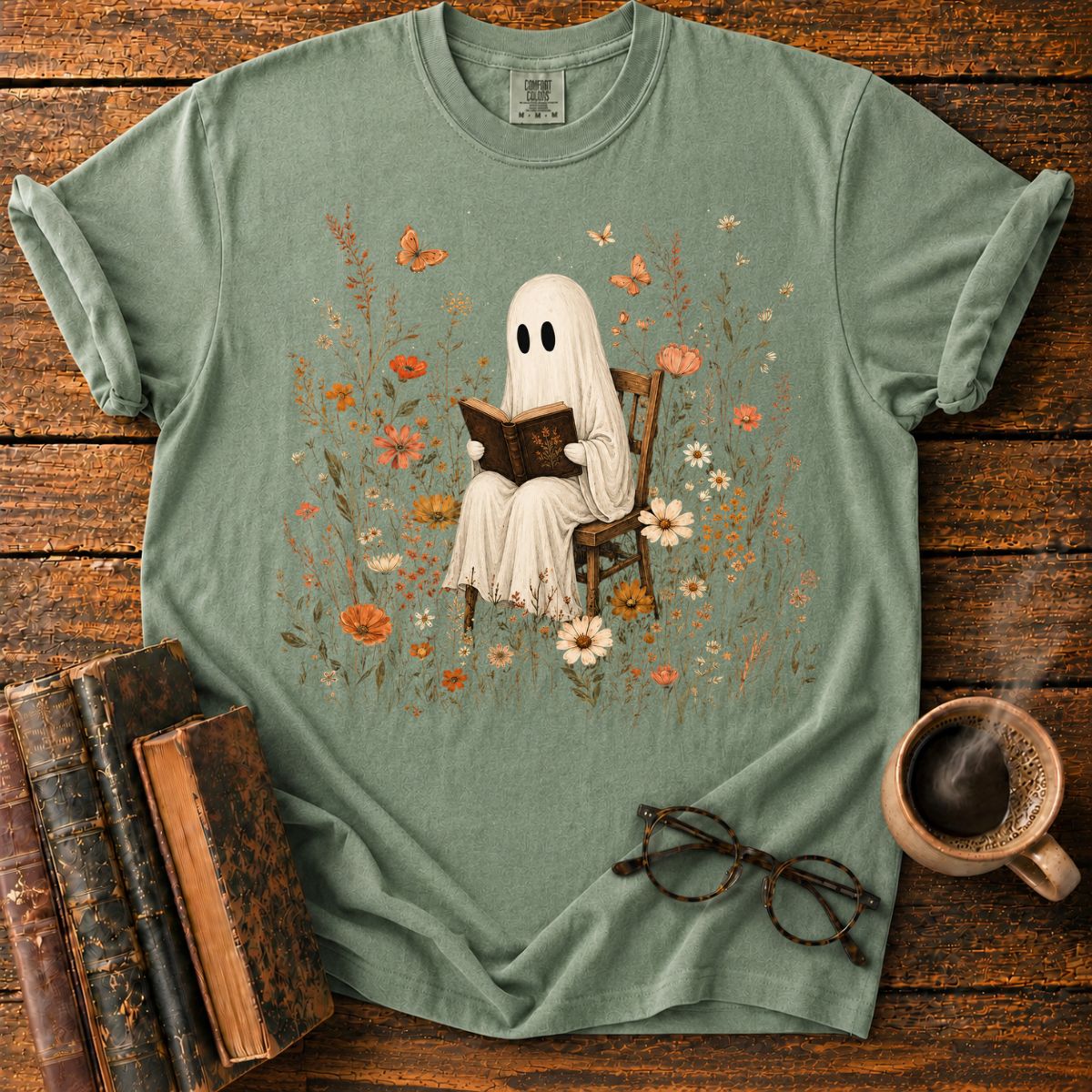 Ghost Reading in a Wildflower T-Shirt