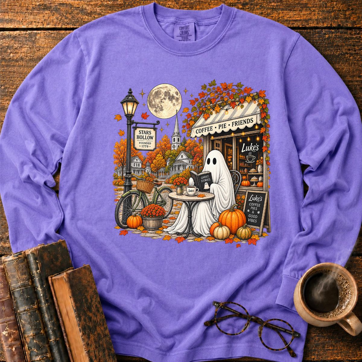 Ghostly Autumn Coffee in Stars Hollow Long Sleeve T-Shirt