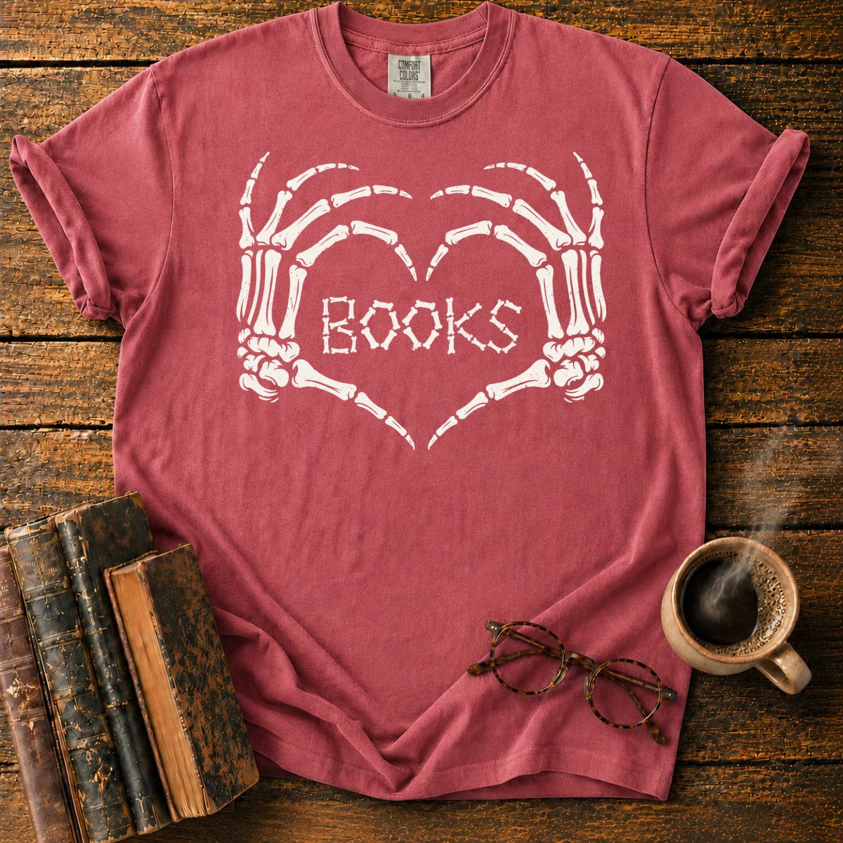 Skeleton Hands Heart Books T-Shirt