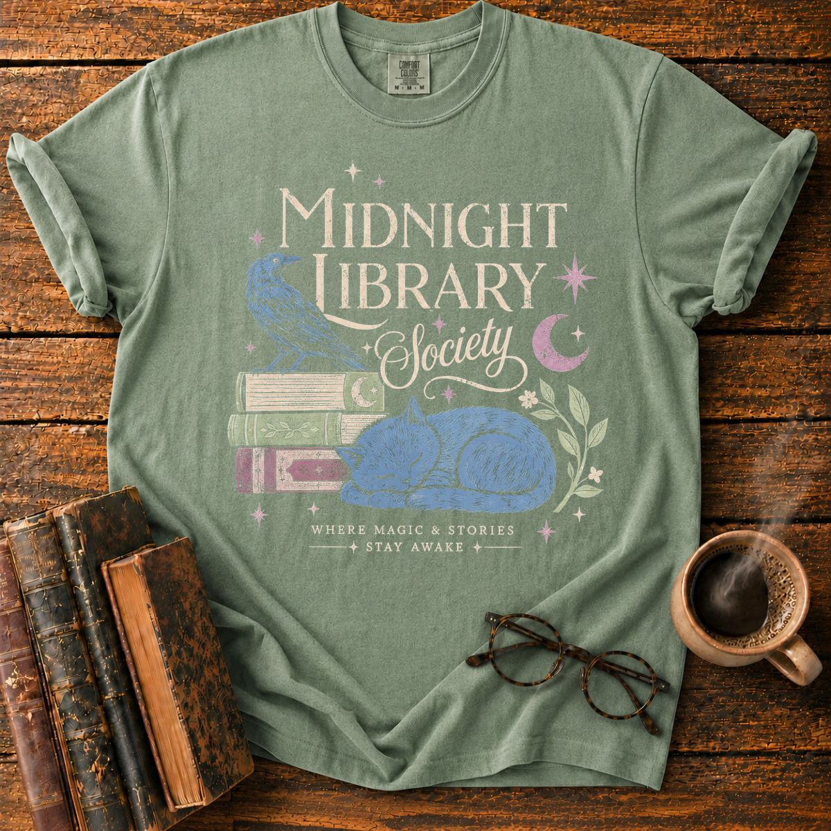 Midnight Library Society Cat Raven T-Shirt