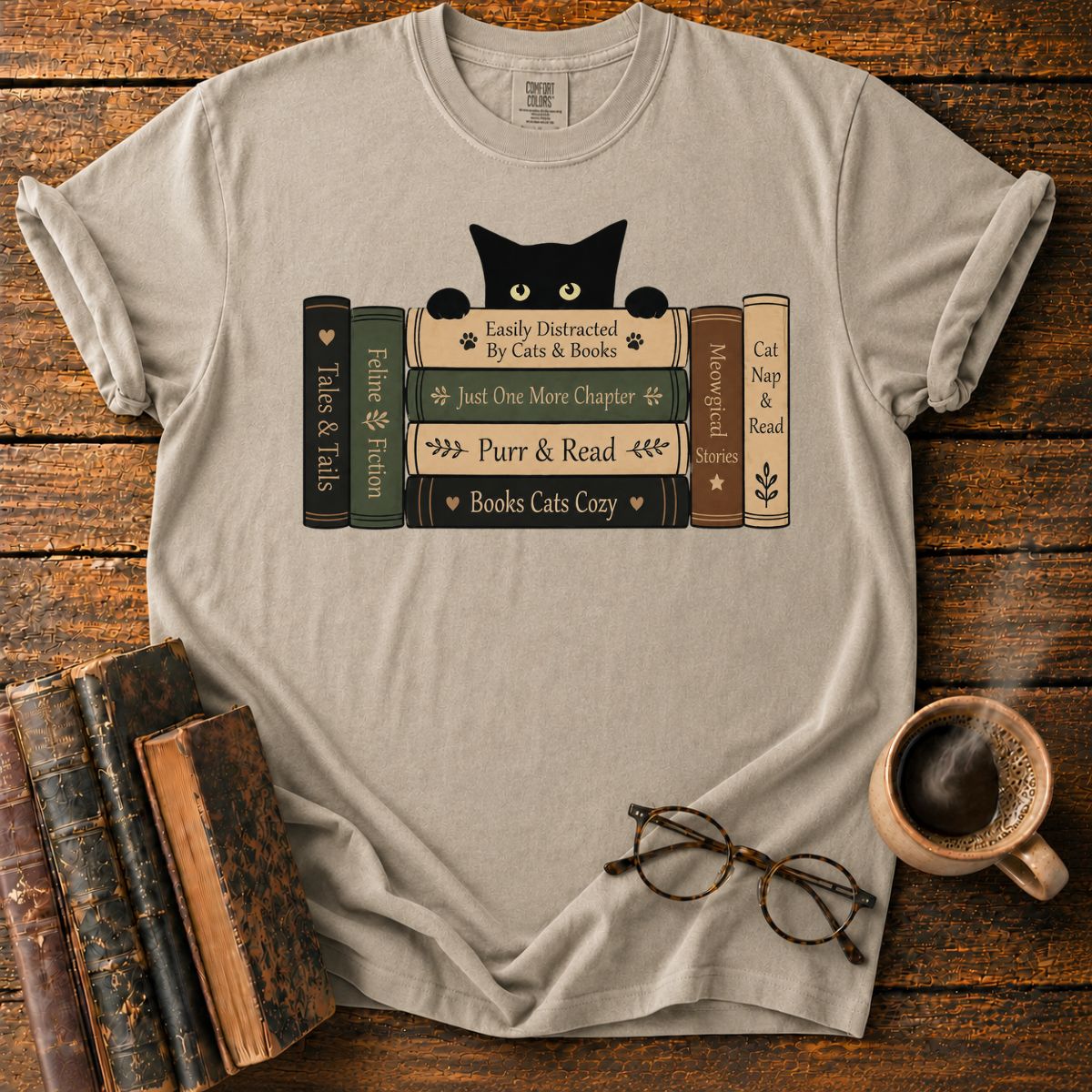 Curious Cat Peeking Over Books T-Shirt