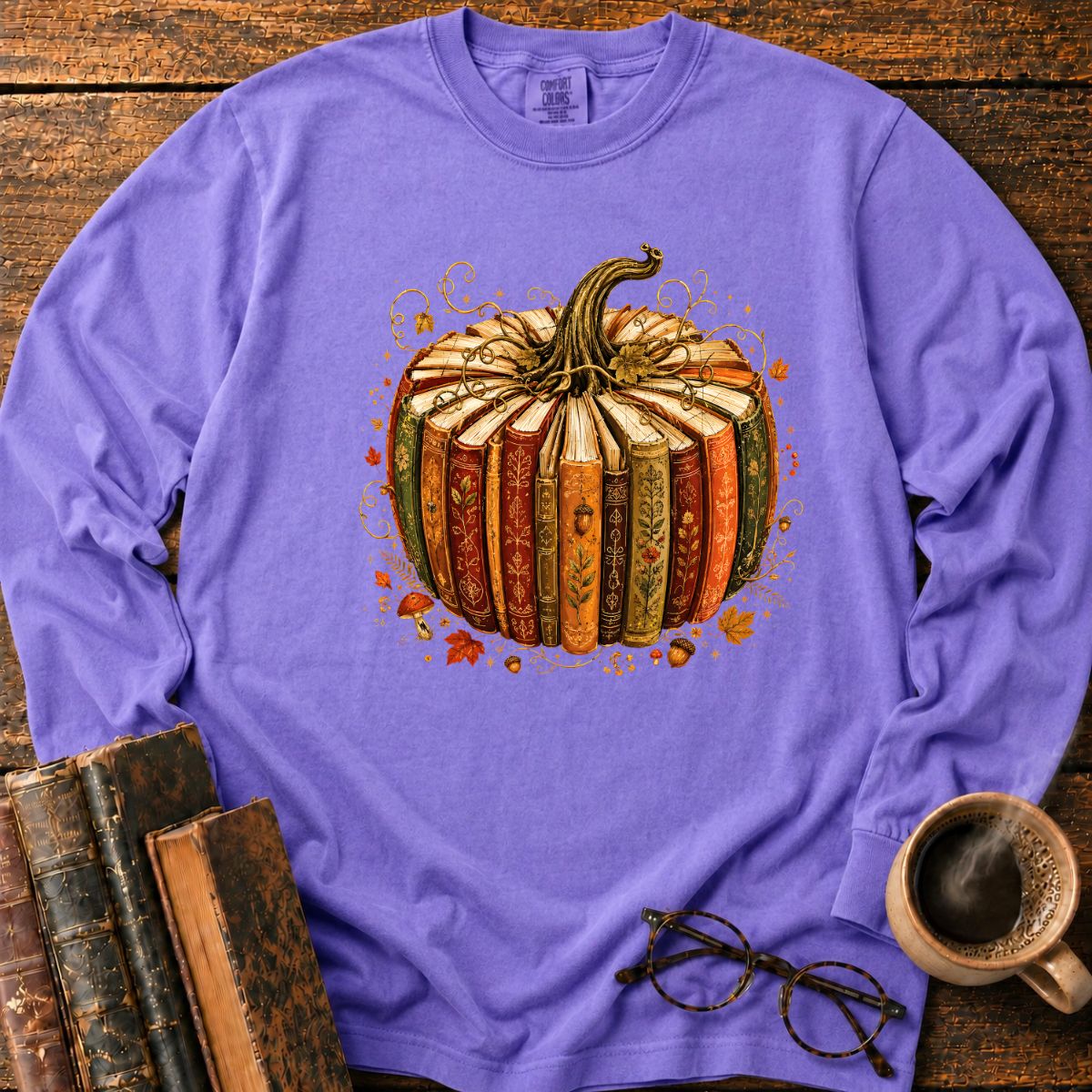Vintage Book Pumpkin Fall LS T-Shirt