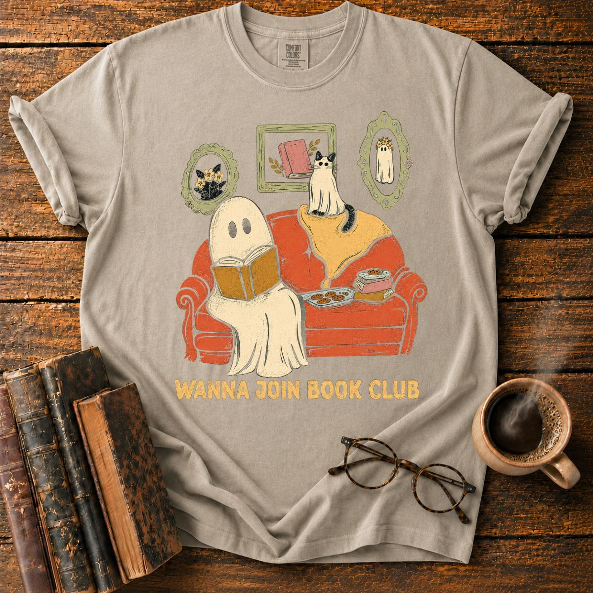 Cozy Ghost and Cat Book Club T-Shirt