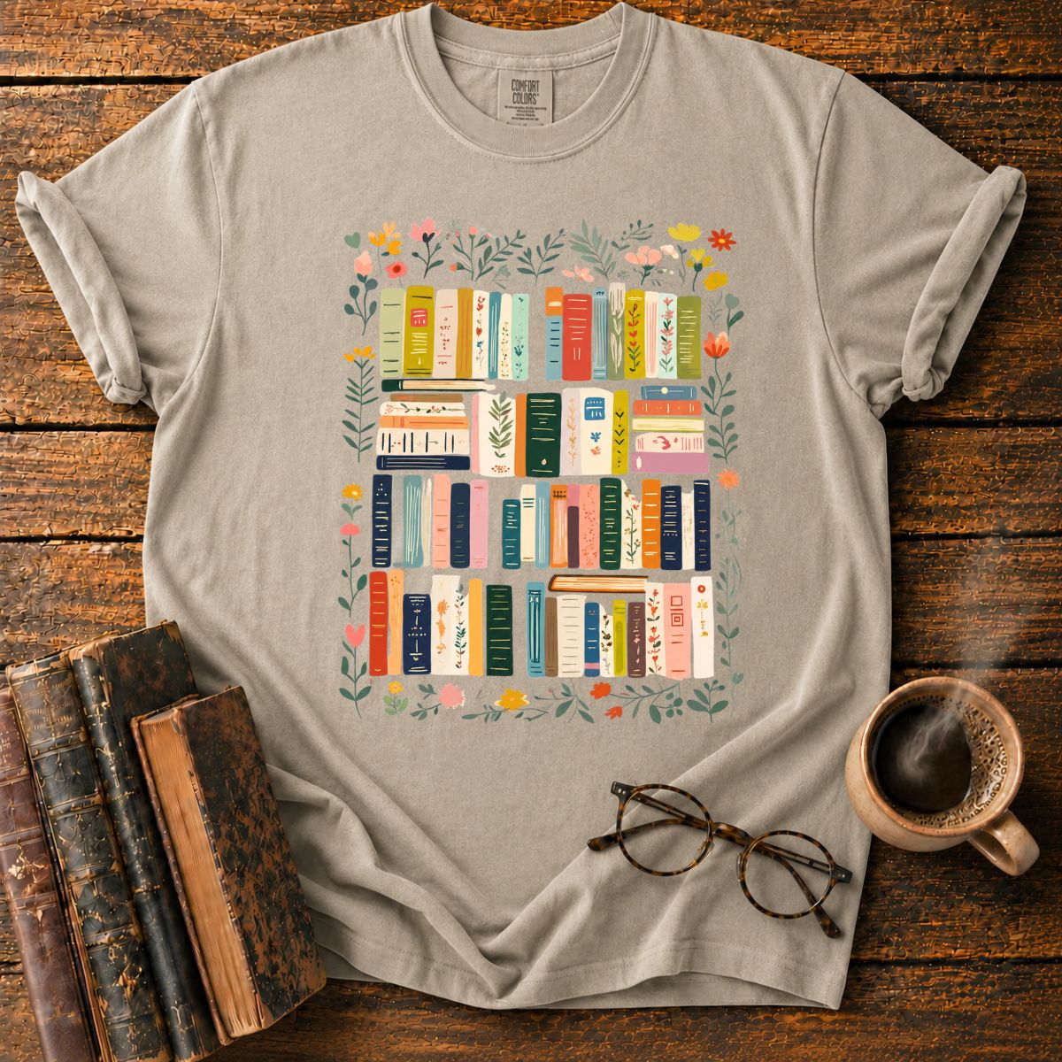 Floral Wreath Around Bookshelves T-Shirt