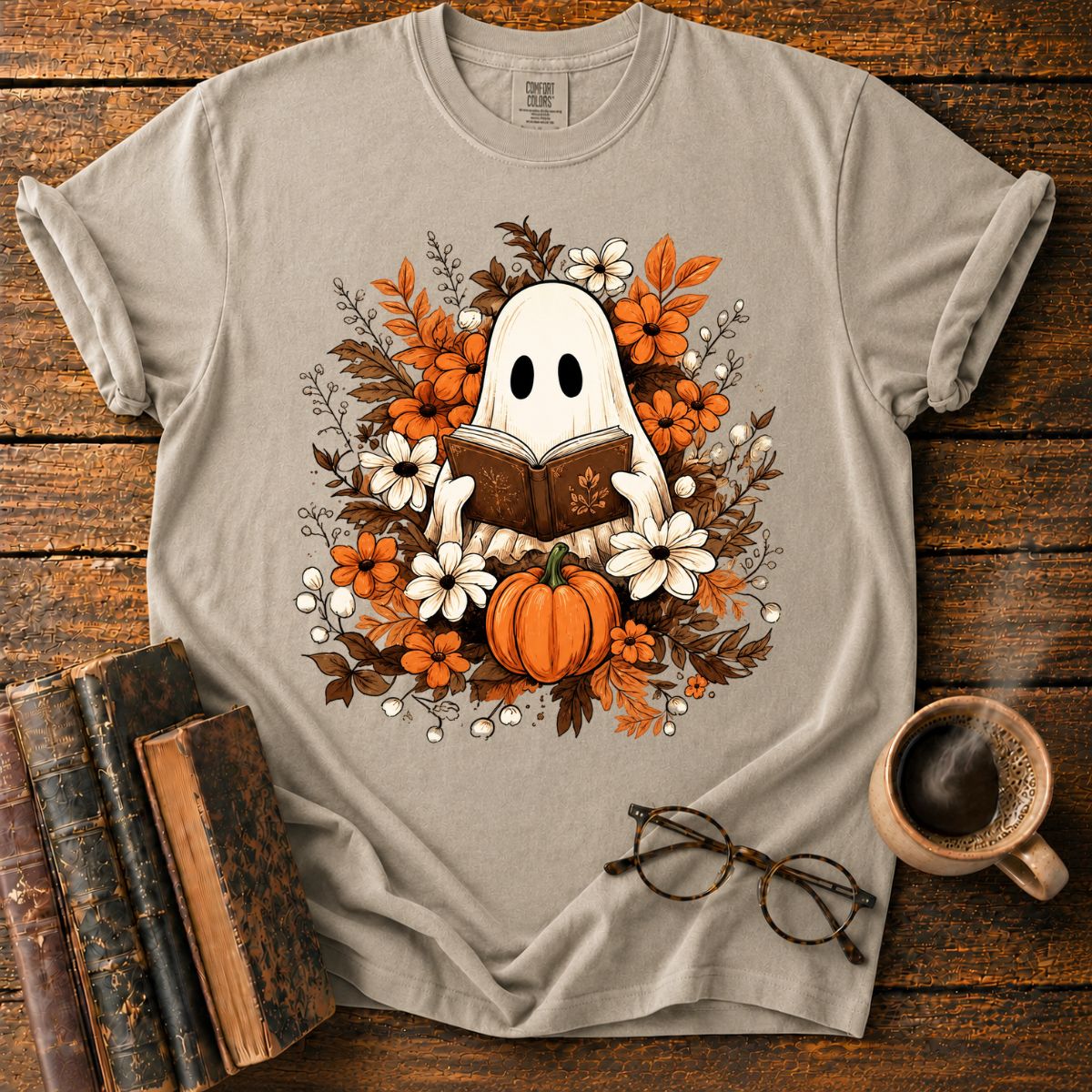 Autumn Ghost Reading in a Floral T-Shirt
