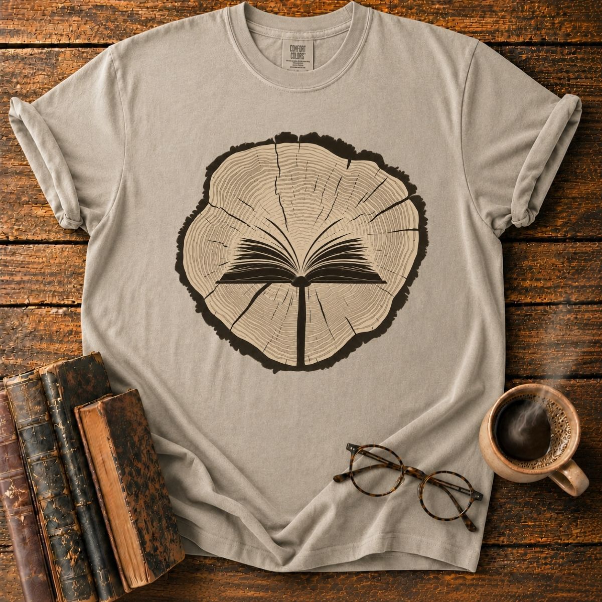 Open Book in a Wood Slice T-Shirt