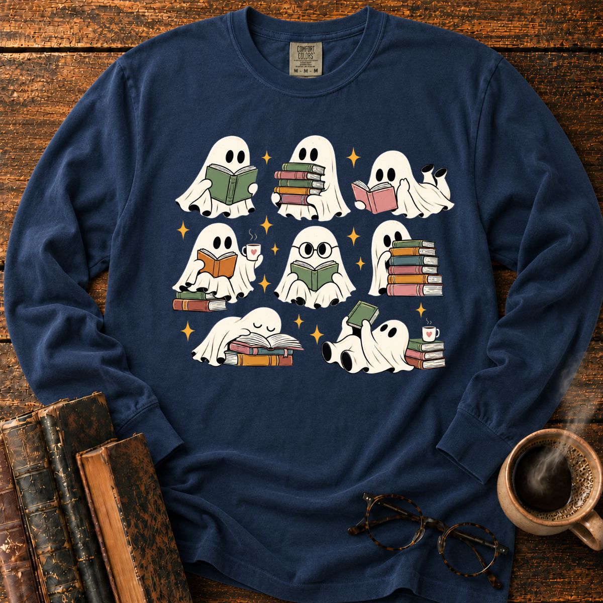 Cozy Ghosts Reading Books LS T-Shirt