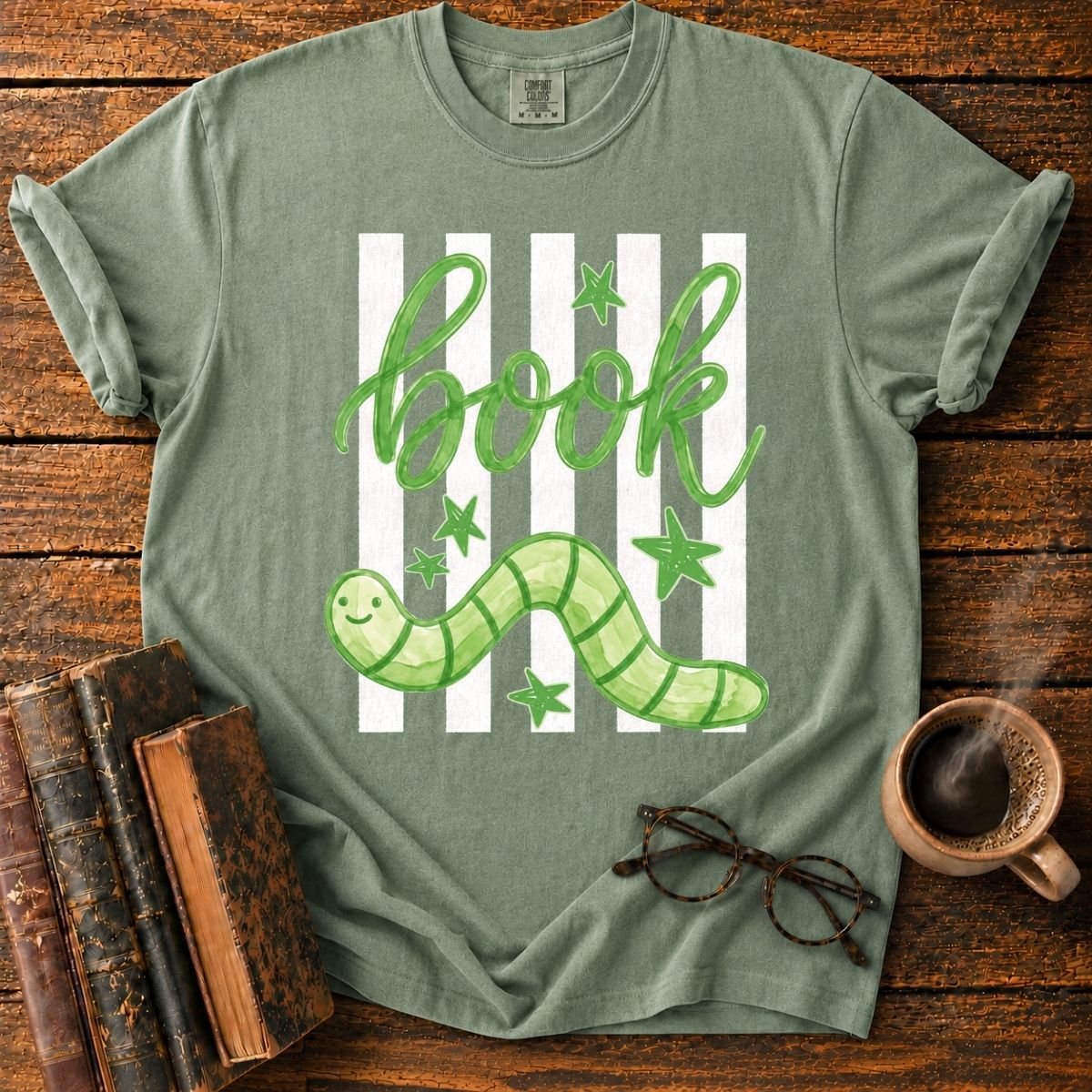 Green Bookworm on Pink Stripes T-Shirt