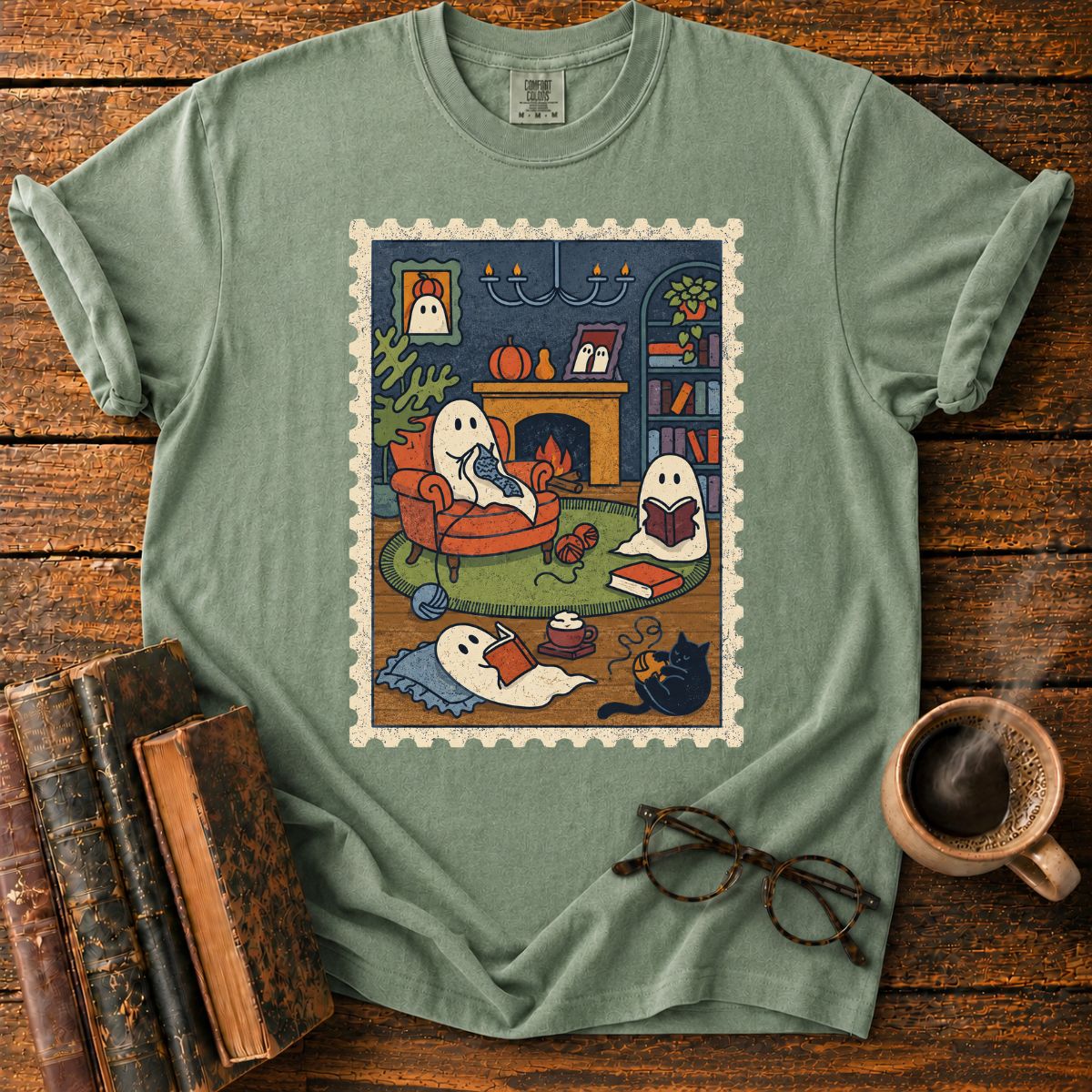Cozy Ghost Reading Stamp T-Shirt