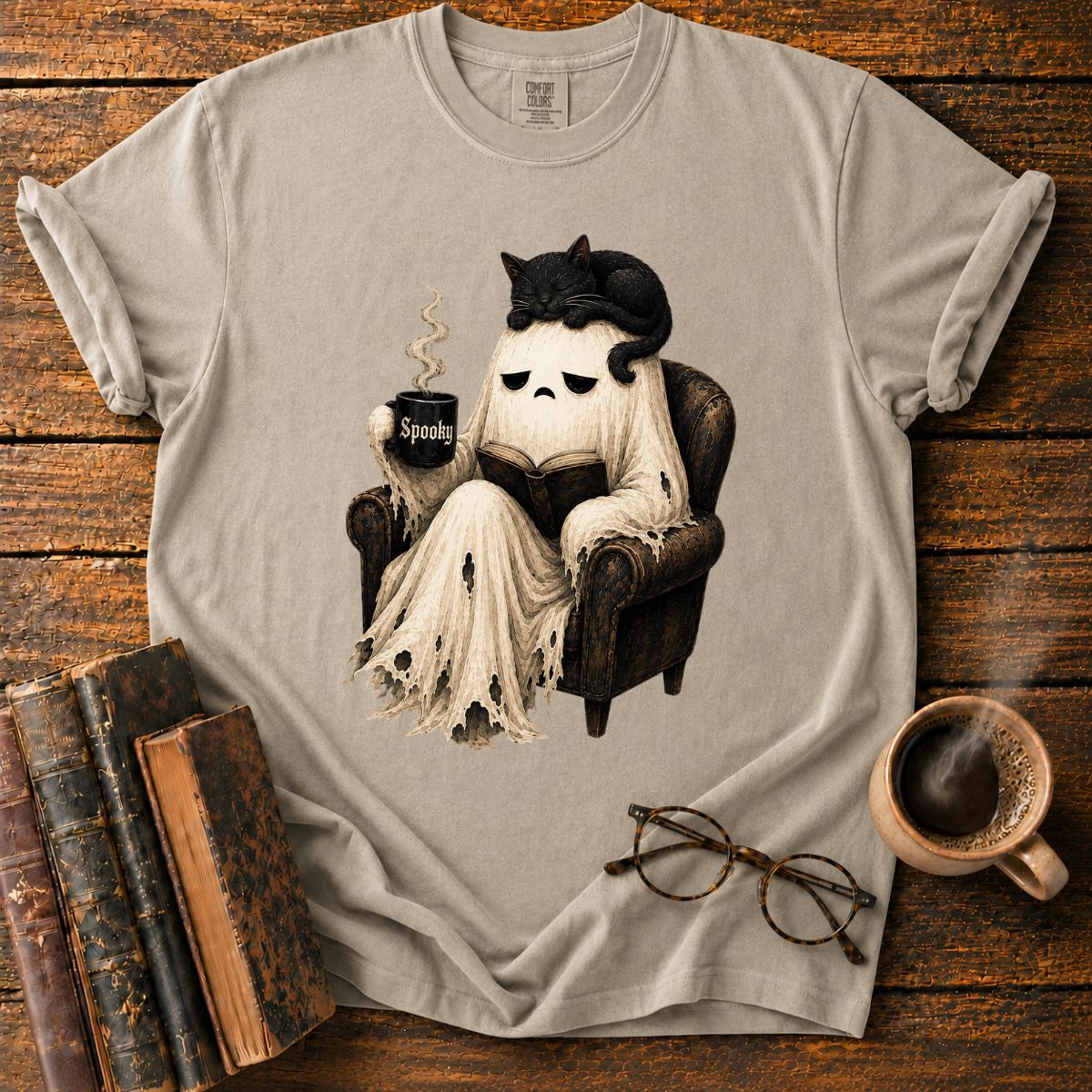 Sleepy Ghost Reading with a Cat T-Shirt