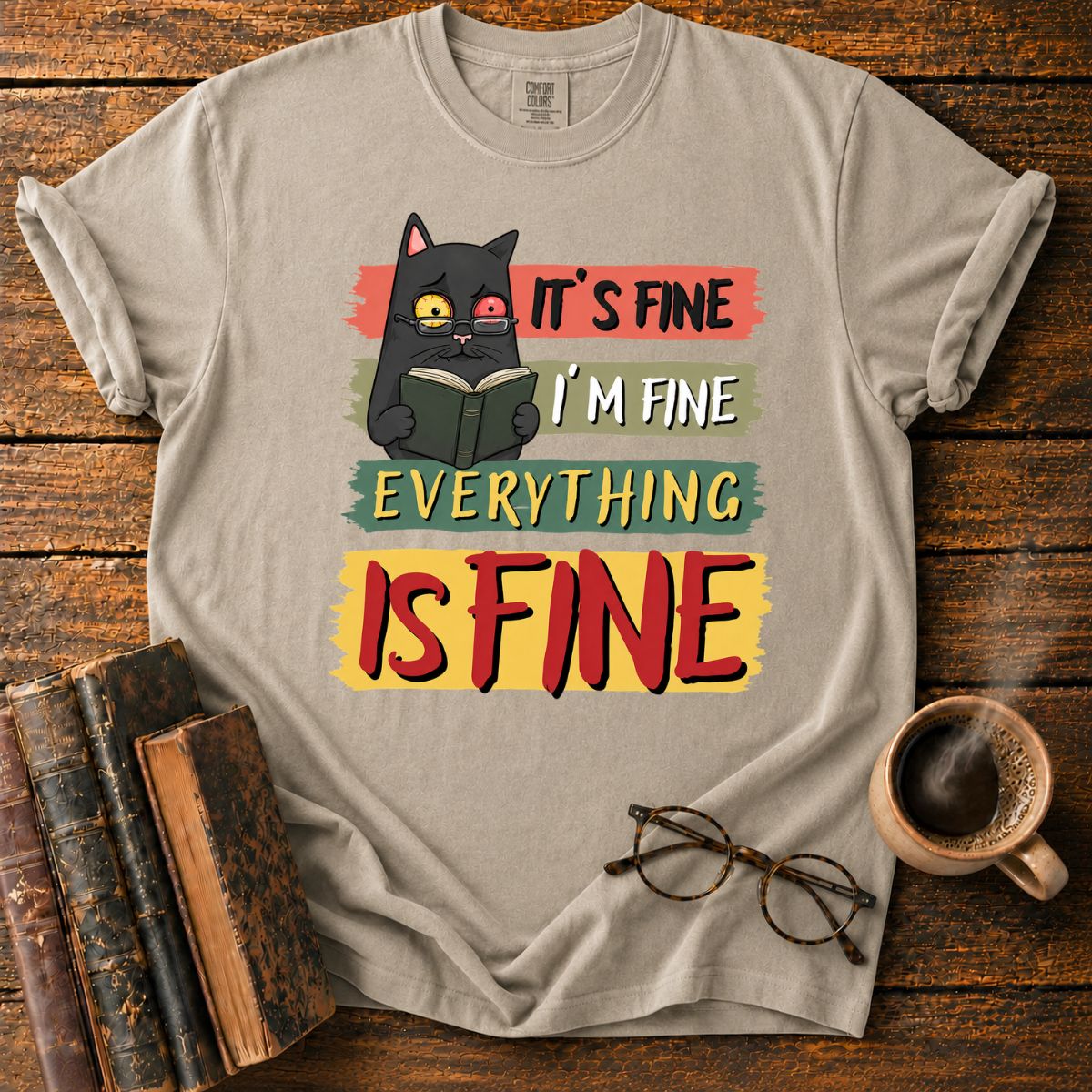 Anxious Cat Reading_ Everything Is Fine T-Shirt