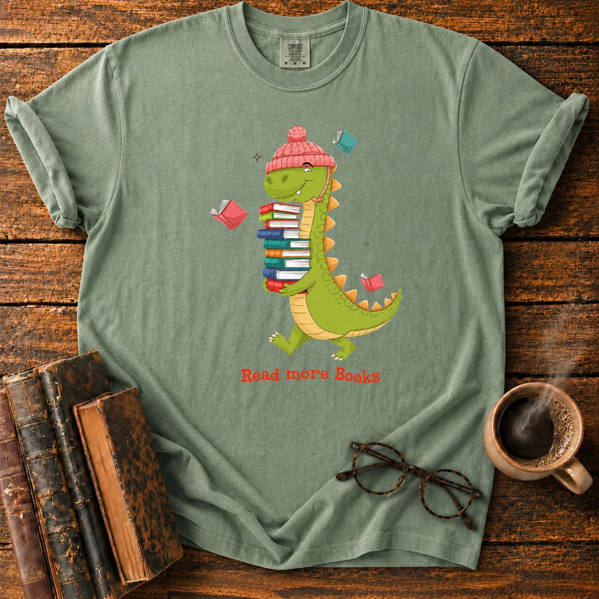 Dinosaur With Books T-Shirt