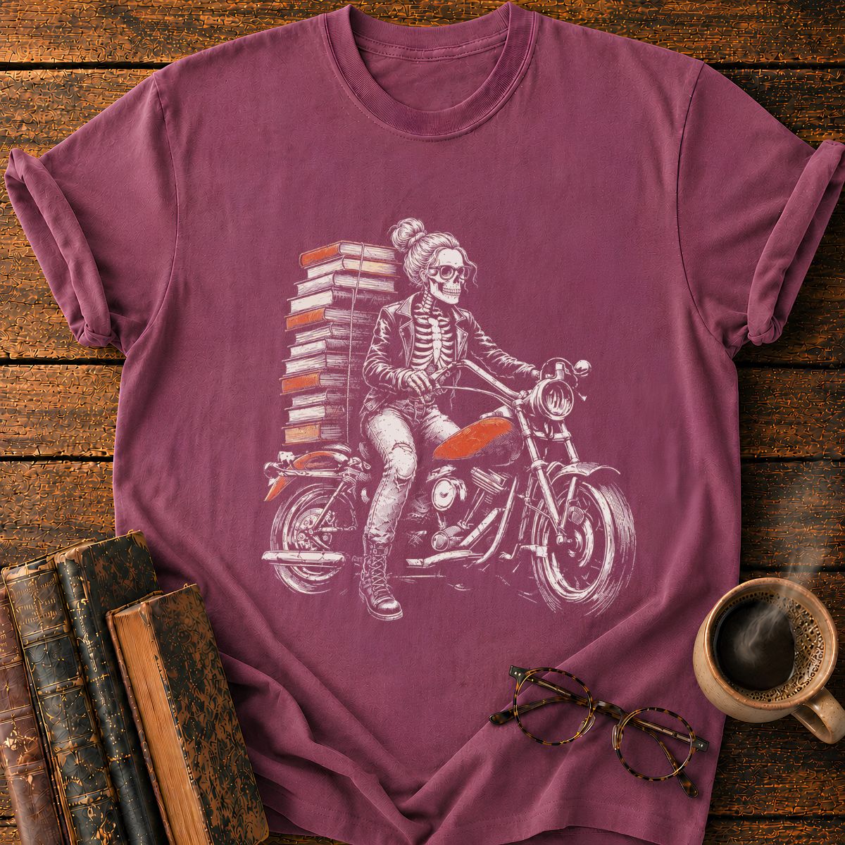 Skeletal Biker’s Tower of Books T-Shirt