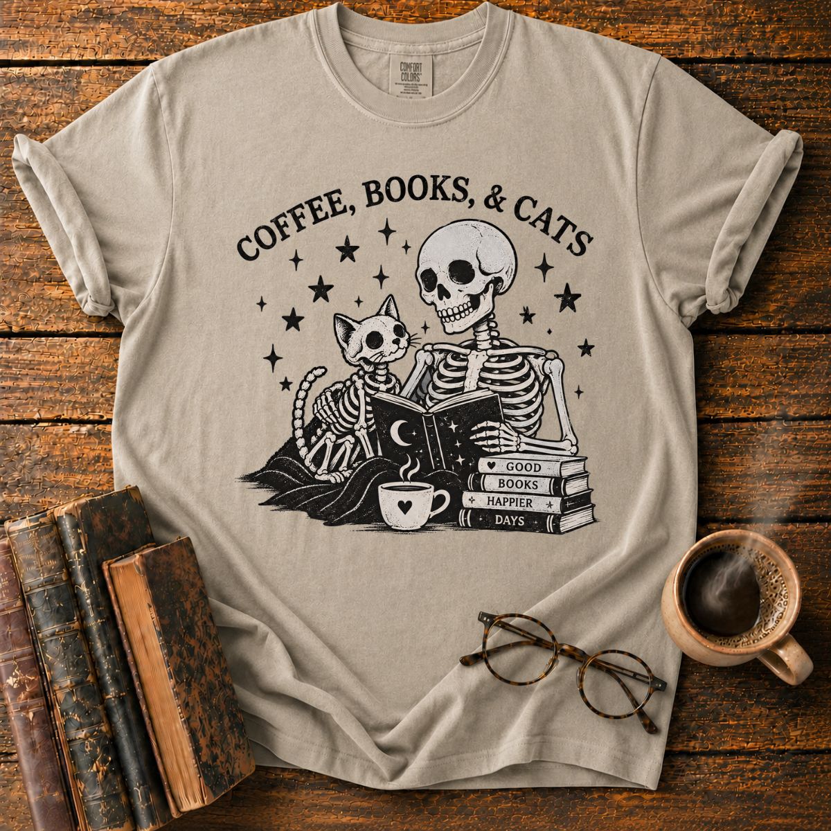 Coffee Books and Cats Skeleton T-Shirt