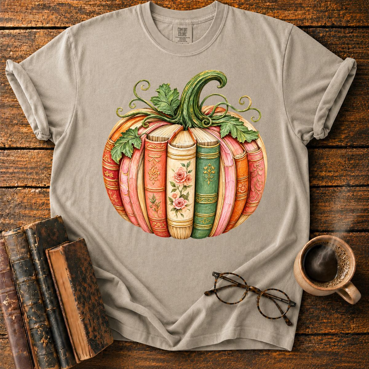 Vintage Book-Spine Pumpkin with Vines T-Shirt