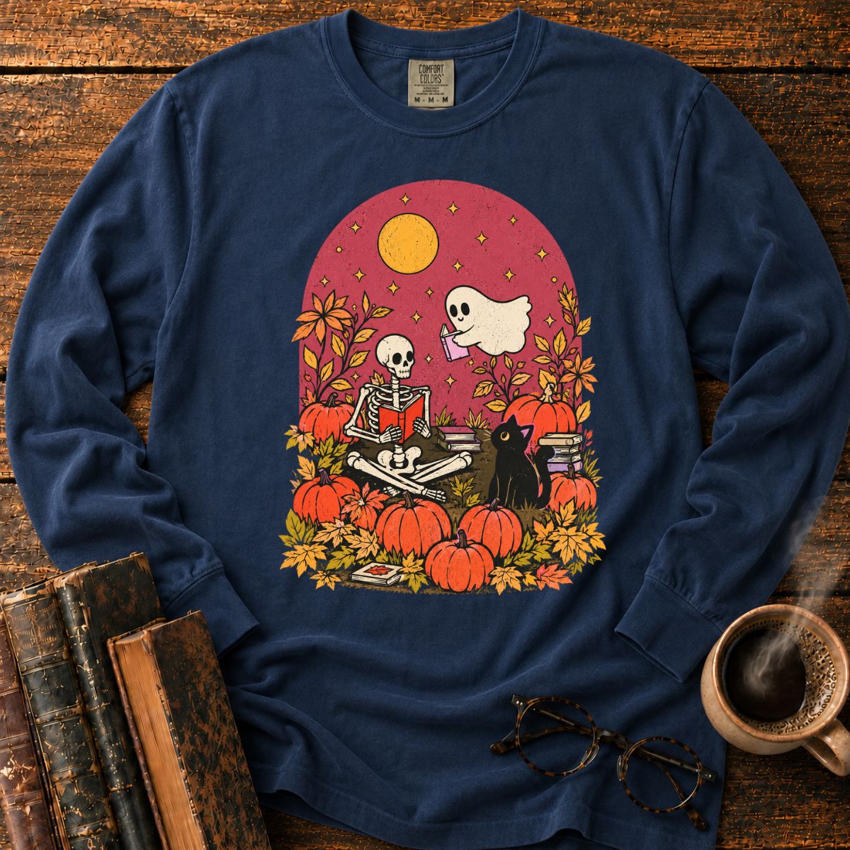 Skeleton Ghost Reading LS T-Shirt